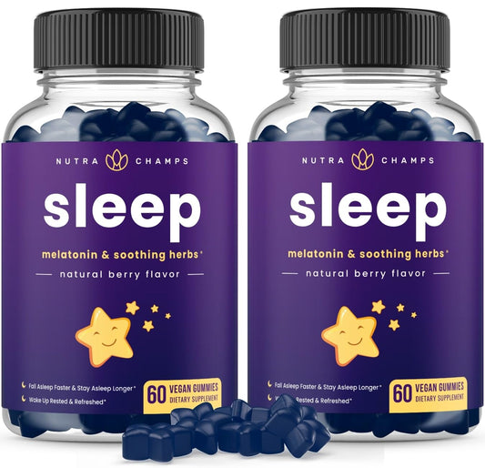 NutraChamps Sleep Gummies bottle with berry-flavored label
