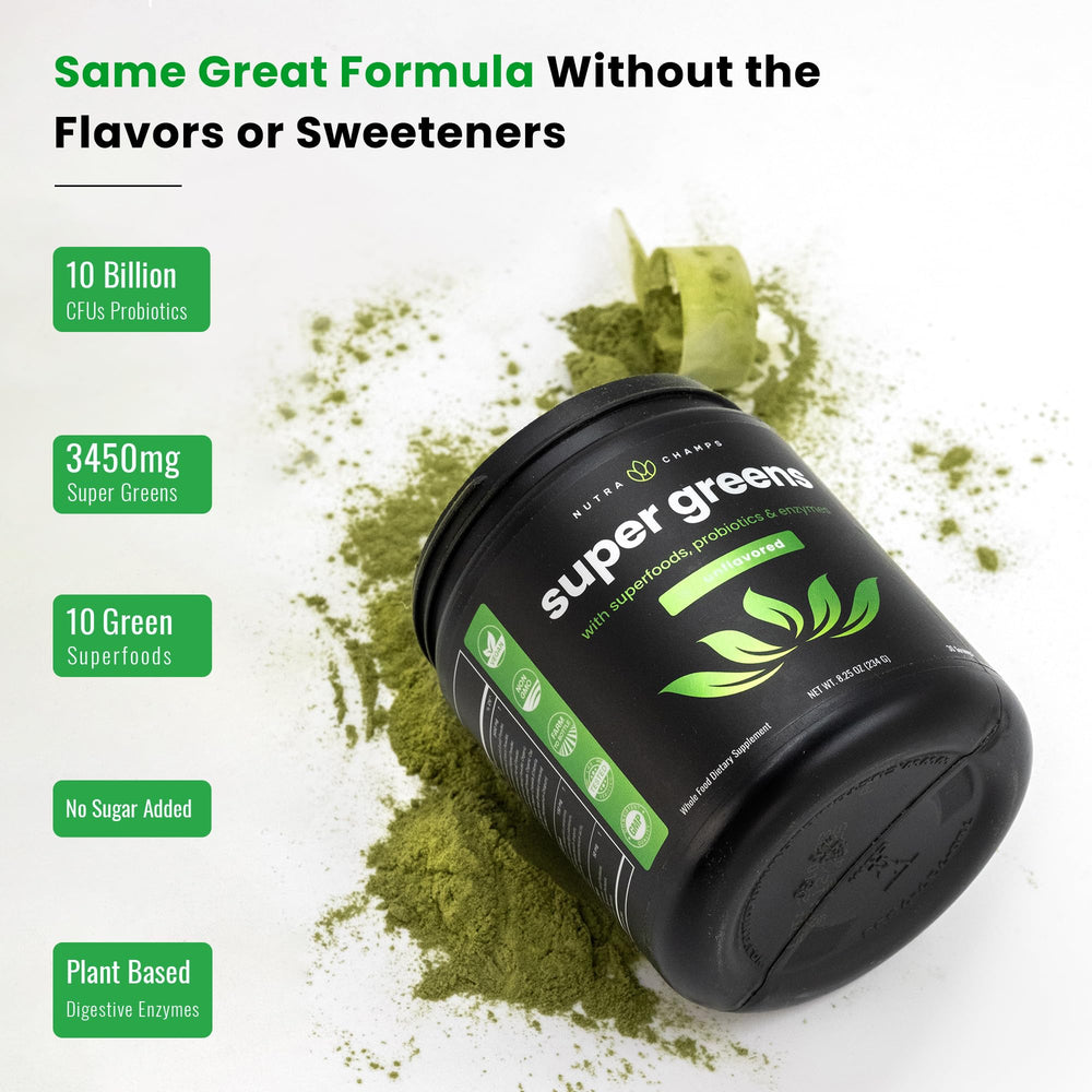 Ready-to-use scoop beside the tub of Super Greens