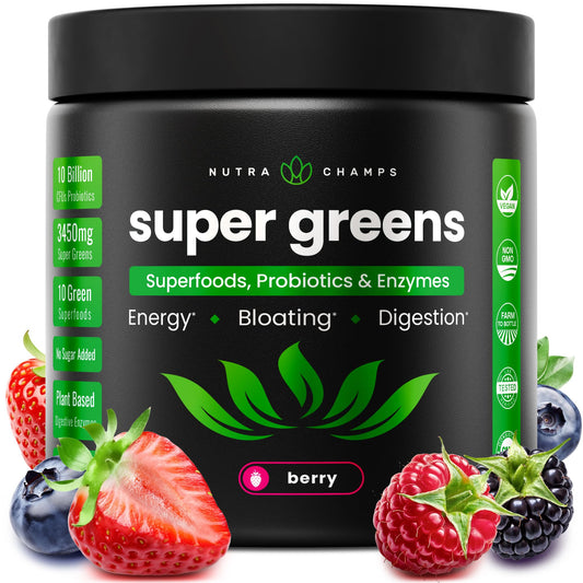 NutraChamps Super Greens Berry powder in scoop over a glass