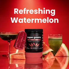 Close-up of NutraChamps Super Greens Watermelon powder and scoop