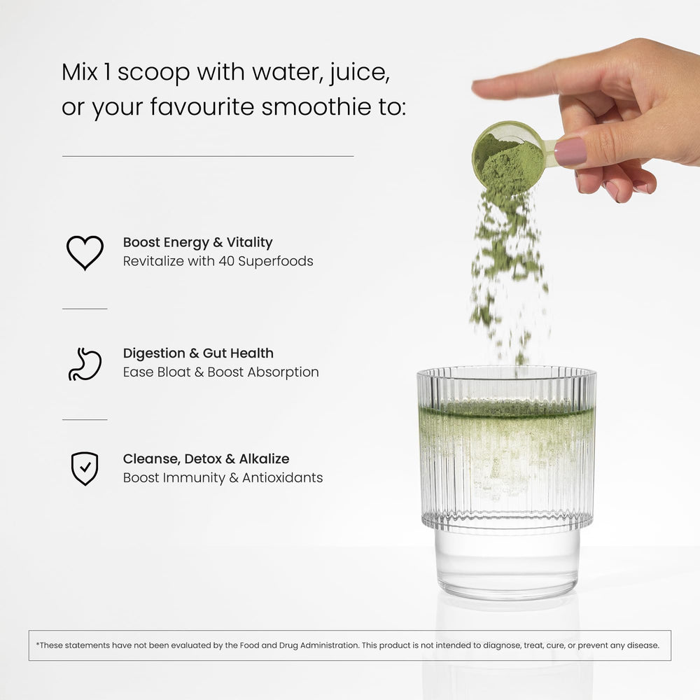 Ingredients display featuring organic greens like alfalfa, spirulina, and chlorella
