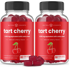 NutraChamps Tart Cherry Gummies bottle showing 60 vegan gummies