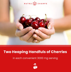 Serving size illustration showing two handfuls of cherries per gummy serving