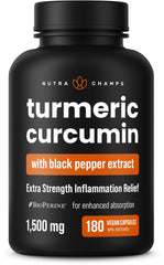 NutraChamps Turmeric Curcumin 1500mg bottle with 180 vegan capsules.