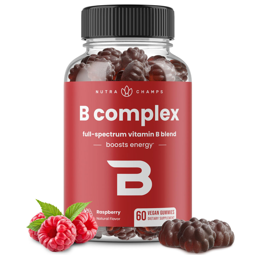 NutraChamps Vitamin B Complex Gummies bottle with raspberry flavor