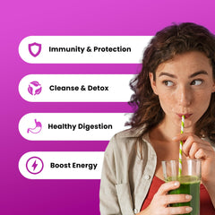 Close-up of wheat grass, spirulina and chlorella ingredients in NutraChamps blend