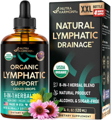 NutraHarmony Lymph Drops bottle with label highlighting organic formula
