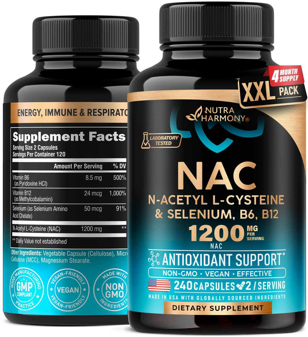 NutraHarmony NAC capsules bottle label showing 600 mg NAC per capsule and 1200 mg per serving