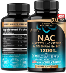 NutraHarmony NAC capsules bottle label showing 600 mg NAC per capsule and 1200 mg per serving