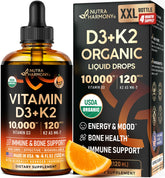 Front view of NutraHarmony Vitamin D3 K2 Drops orange flavor in 4 oz bottle