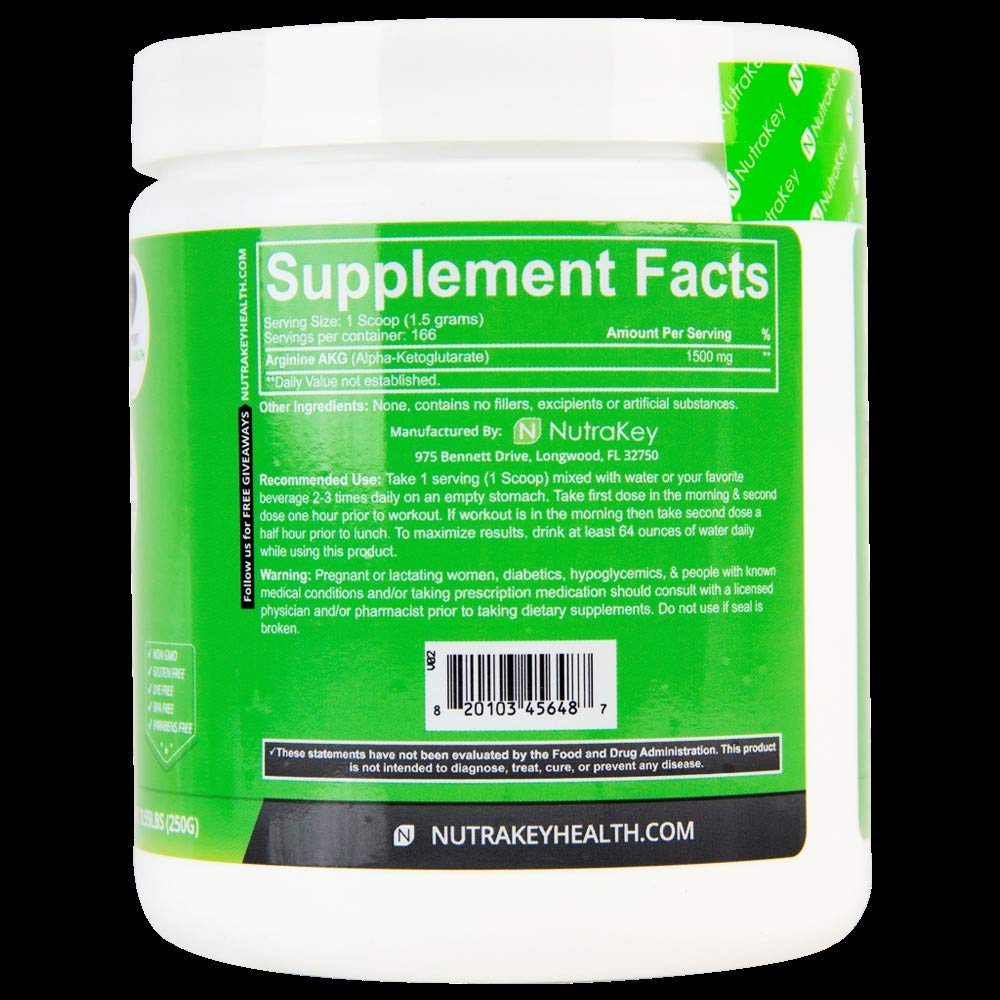 Close-up of packaging and nutrition information for NutraKey Arginine Powder 250 g