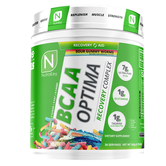 Front view of NutraKey BCAA Optima Sour Gummy Worms tub for post-workout recovery - no sugar, no carbs