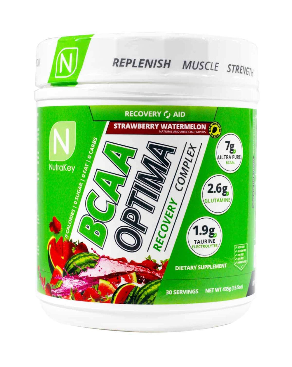 Nutrition label and ingredients of NutraKey BCAA Optima Post-Workout powder