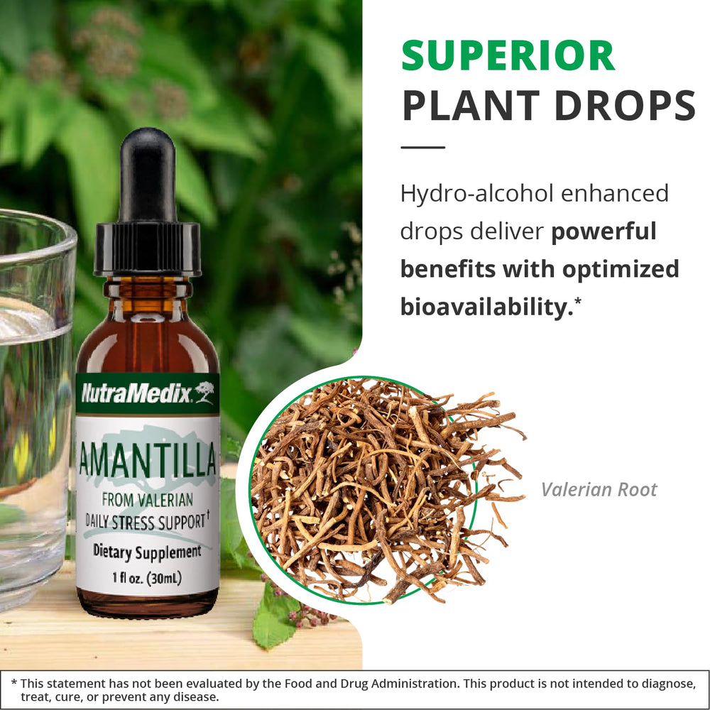 Bottled Amantilla tincture beside a glass of water for easy ingestion