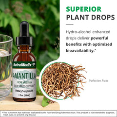 Bottled Amantilla tincture beside a glass of water for easy ingestion