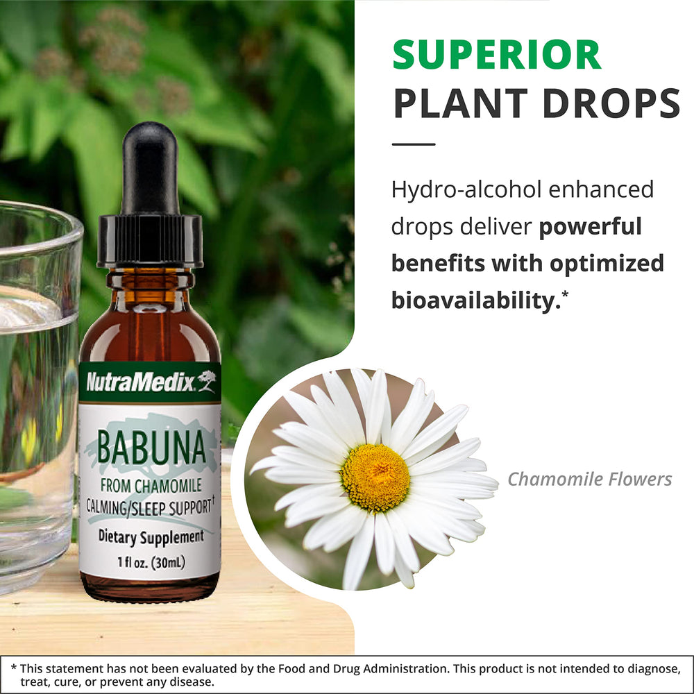 Babuna Calm Drops being mixed into water for a calming tea