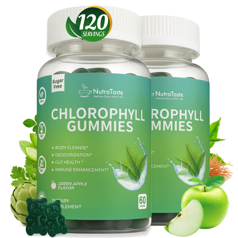 NUTRATASTE front packaging showing chlorophyll gummies and serving details benefits portability