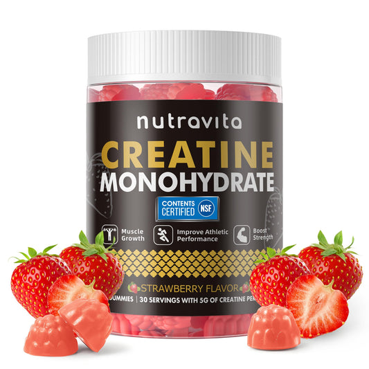 Front packaging of Nutravita Creatine Monohydrate Gummies in strawberry flavor, 120 count