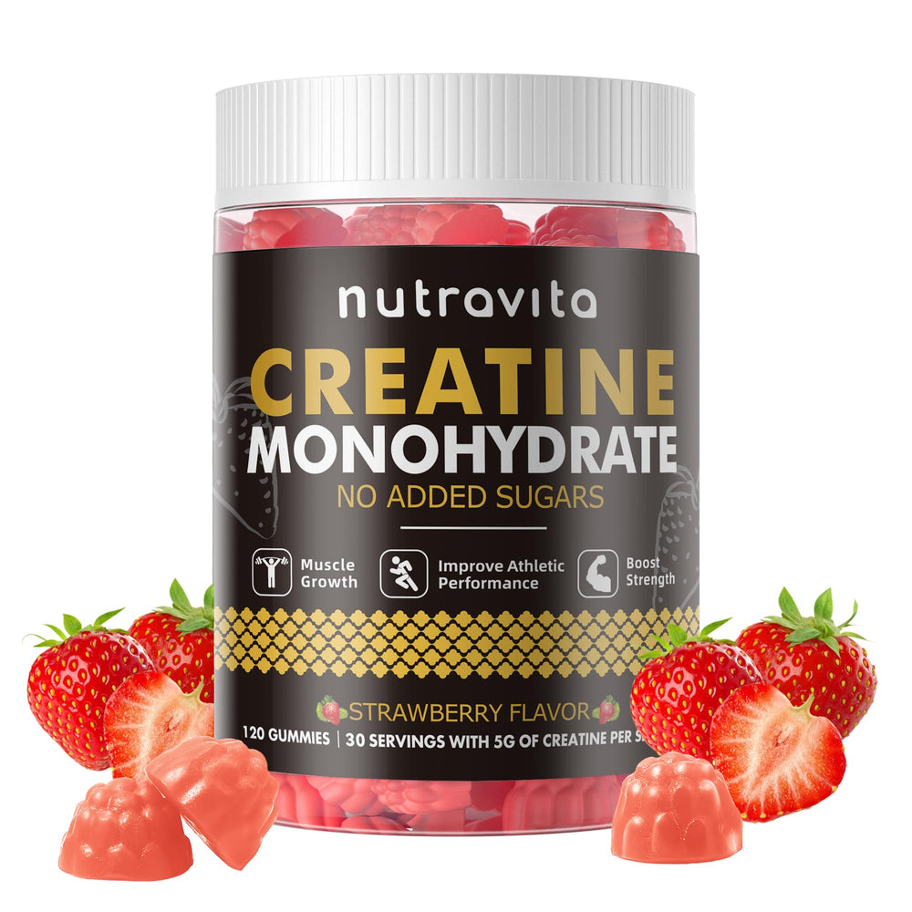 Close-up of Nutravita Creatine Monohydrate Gummies bottle with strawberries