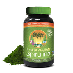 Container of Nutrex Hawaii Pure Hawaiian Spirulina Powder on a white surface