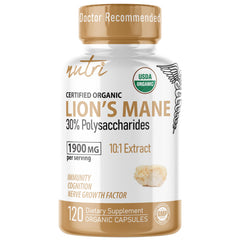 Nutri Organic Lion's Mane supplement bottle with 120 capsules