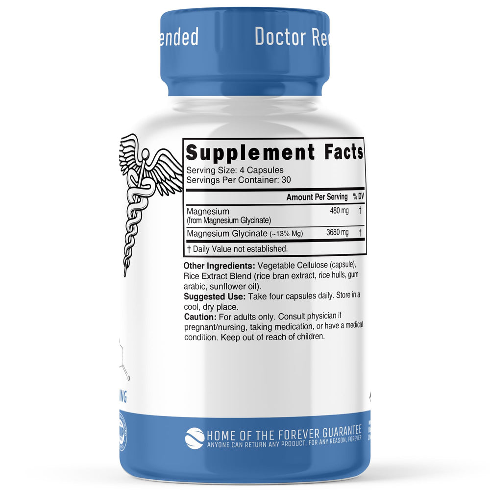 Close-up of the label highlighting 480mg elemental magnesium per 4-capsule serving