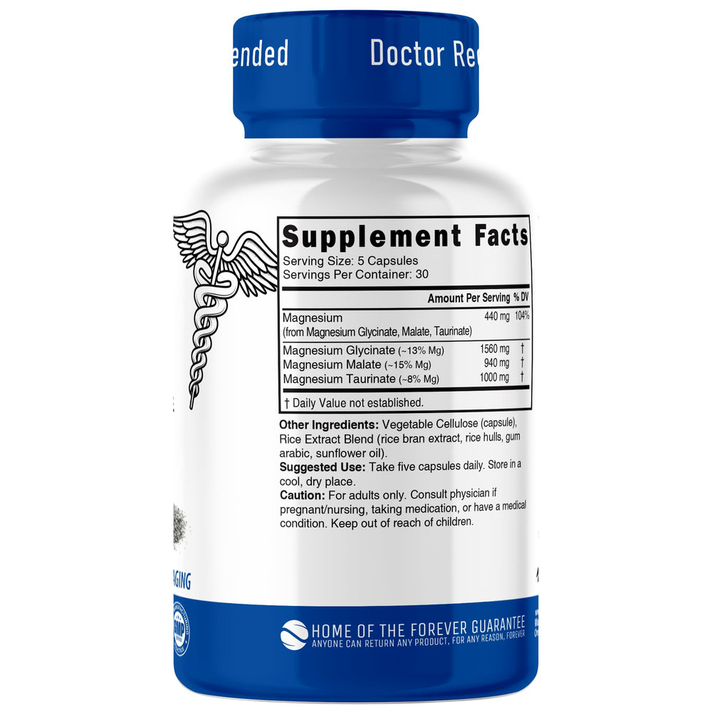 Close-up of Nutri Triple Magnesium Complex bottle label and capsules