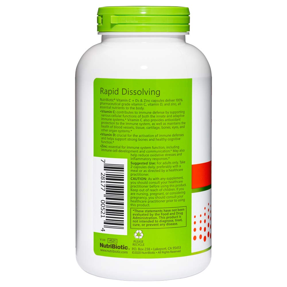 Travel-ready NutriBiotic Vitamin C + D3 & Zinc capsules