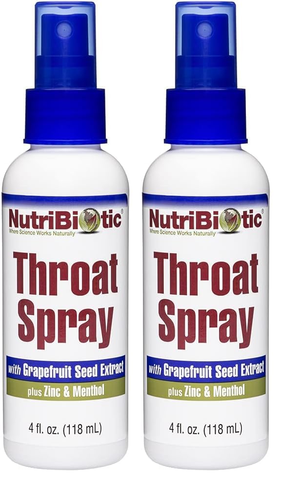 NutriBiotic throat spray bottle showing GSE for soothing throat support.