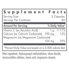 Close-up of Buffered Vitamin C capsules showing calcium and magnesium