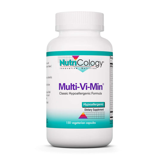 Front view of Nutricology Multi-Vi-Min bottle showing label
