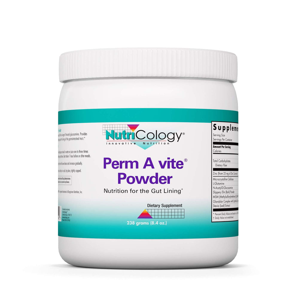 Nutricology Perm A Vite Powder bottle on white background