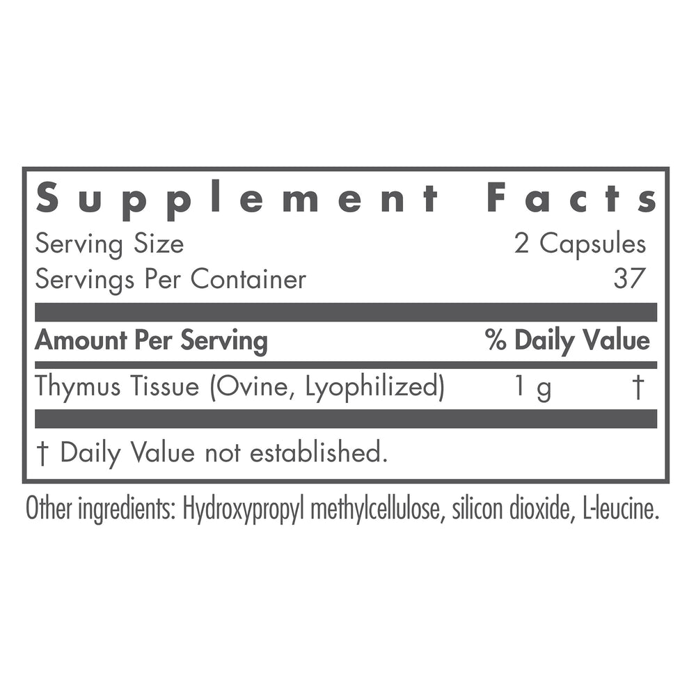 Close-up of product label showing 1000mg thymus glandular
