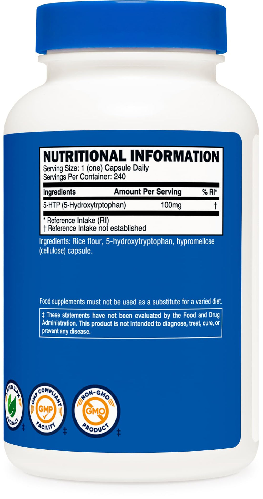 Supplement facts panel for Nutricost 5-HTP 100mg