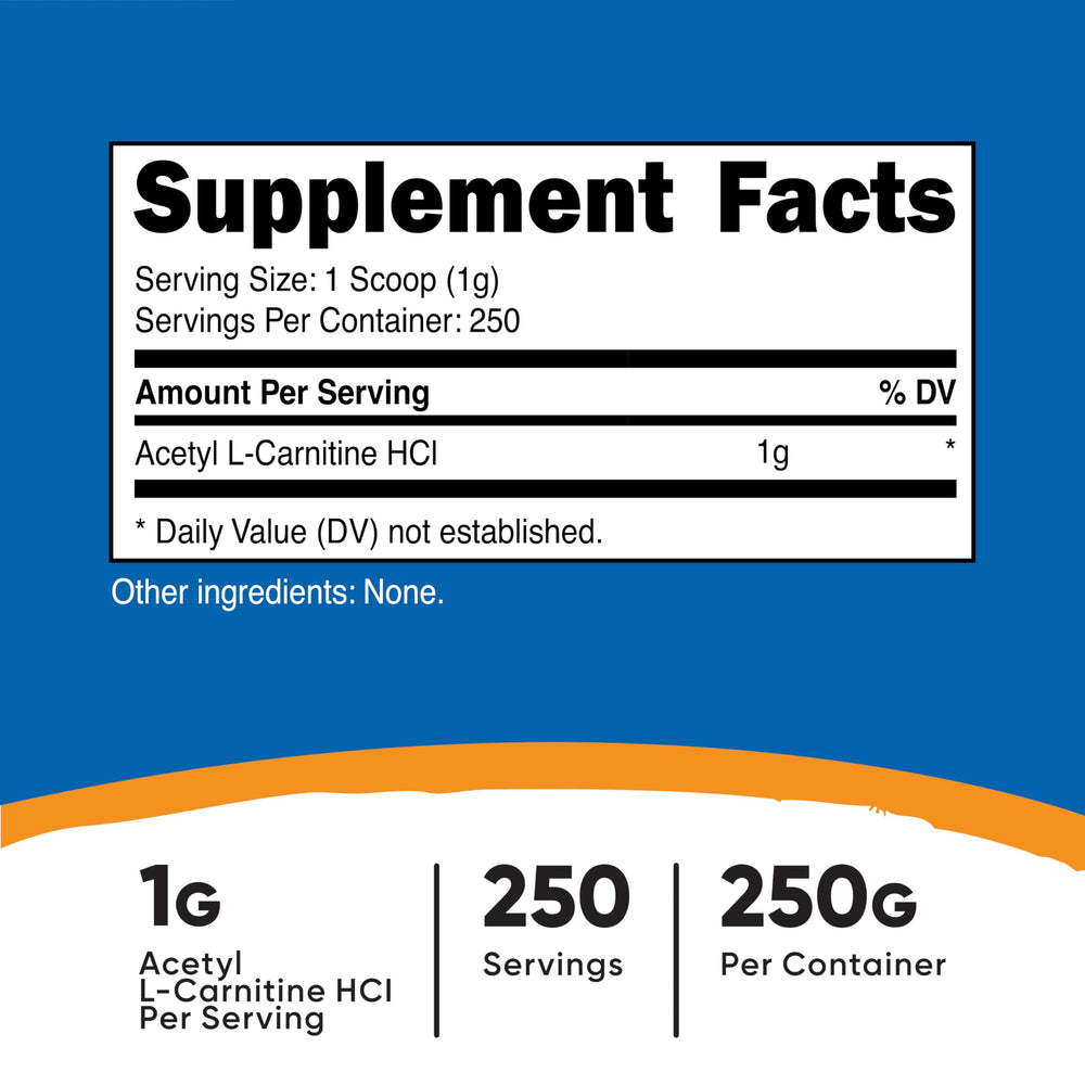 Scoop included showing 1 g per serving of ALCAR powder