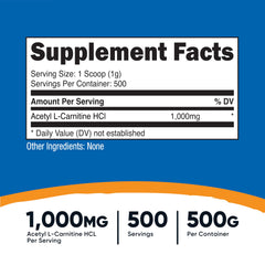 Nutricost Acetyl L-Carnitine powder with scoop ensures precise serving measurements.