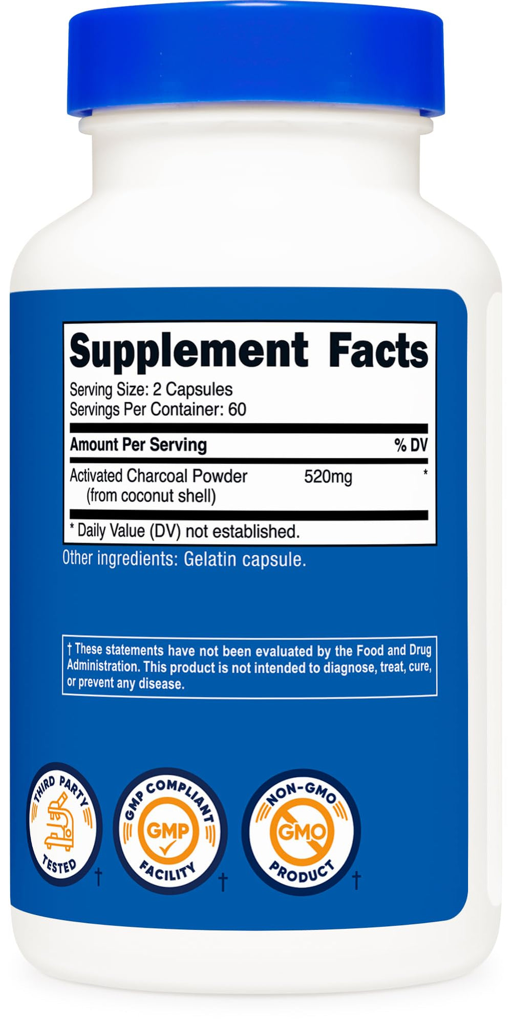 Non-GMO and gluten-free Nutricost Activated Charcoal capsules