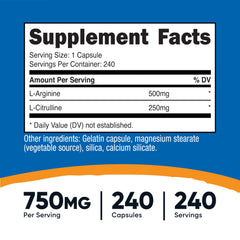 Bottle of Nutricost L-Arginine L-Citrulline Complex 750mg (240 capsules)