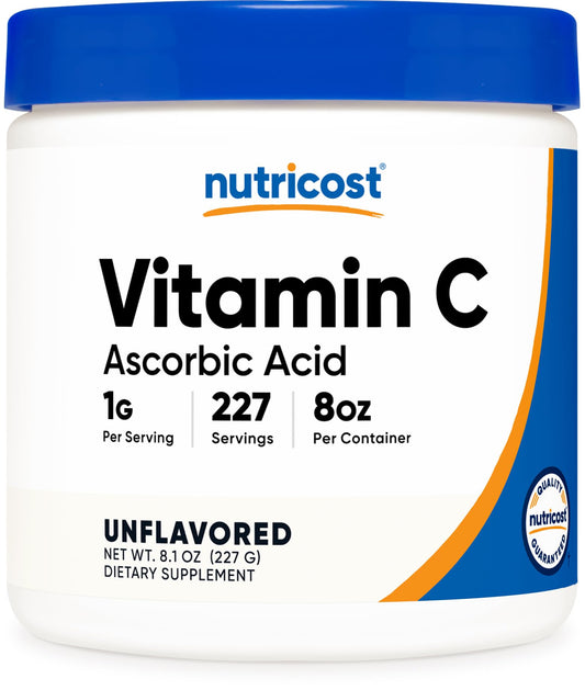 Front view of Nutricost Ascorbic Acid Powder bottle