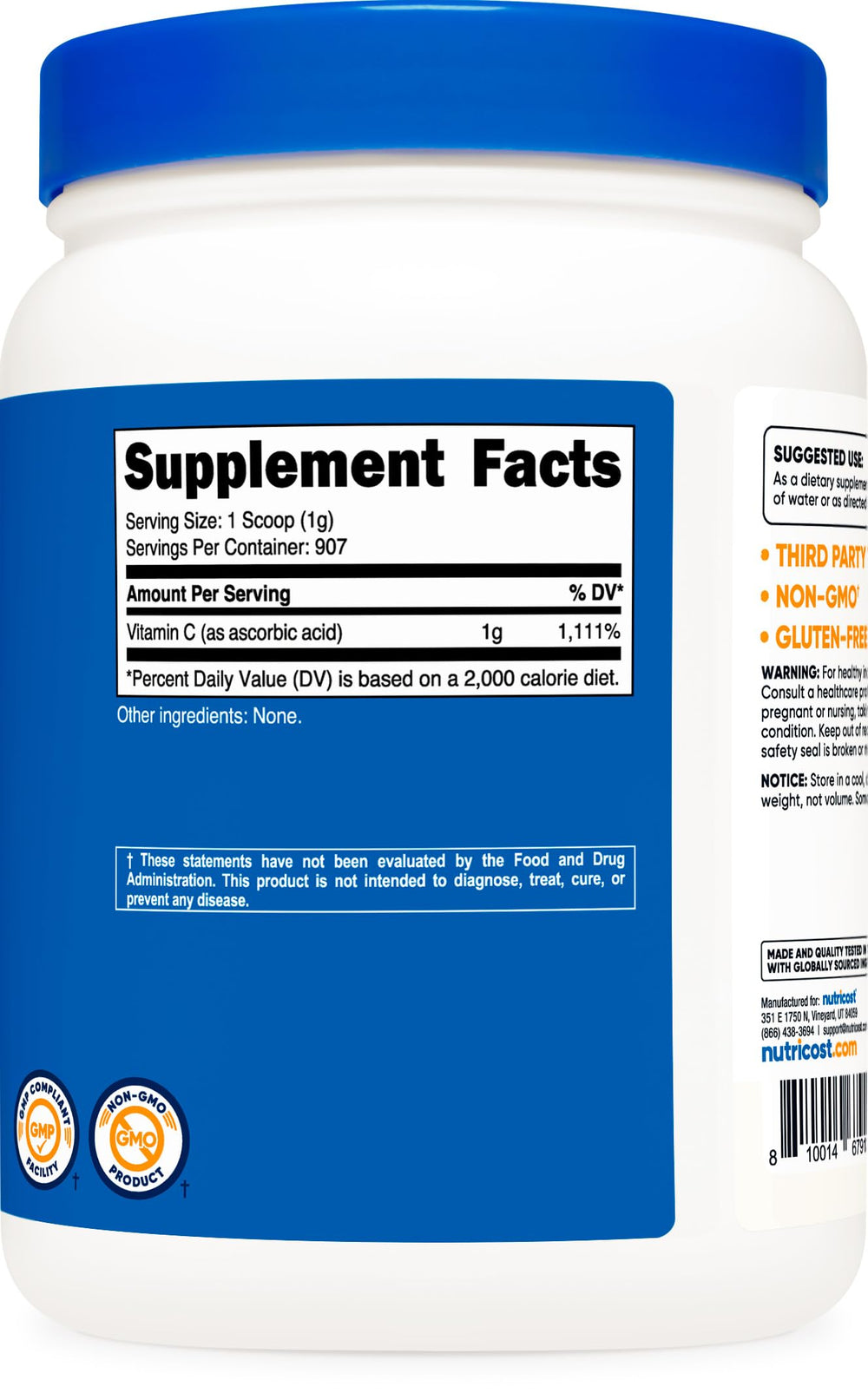 Product packaging emphasizing NSF Certified, GMP Compliant, and FDA Registered facility