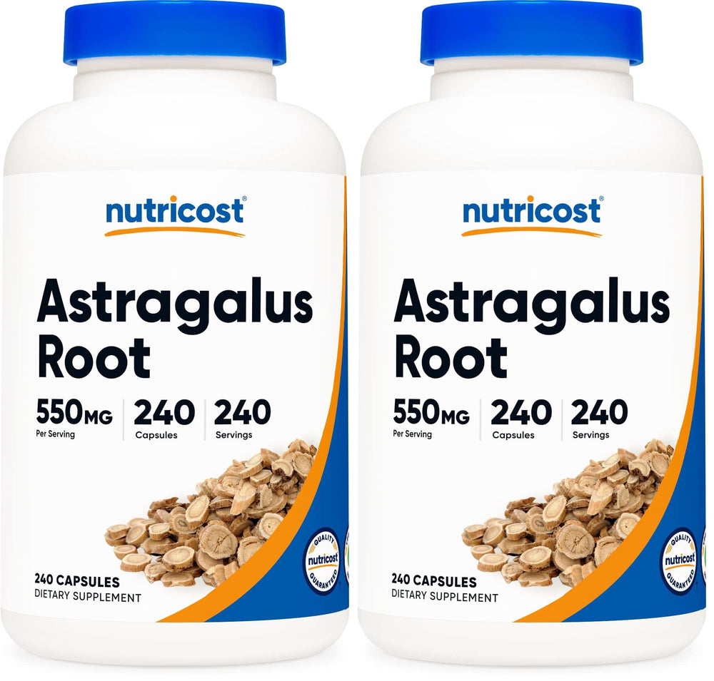 Two Nutricost Astragalus 550mg vegetarian capsule bottles (pack of 2) on white background