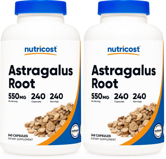 Two Nutricost Astragalus 550mg vegetarian capsule bottles (pack of 2) on white background