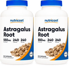 Two Nutricost Astragalus 550mg vegetarian capsule bottles (pack of 2) on white background