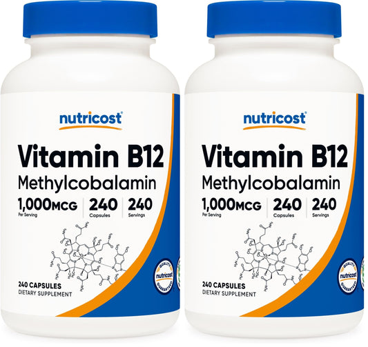 Nutricost Vitamin B12 1000mcg Methylcobalamin bottle with 240 capsules in pack of 2