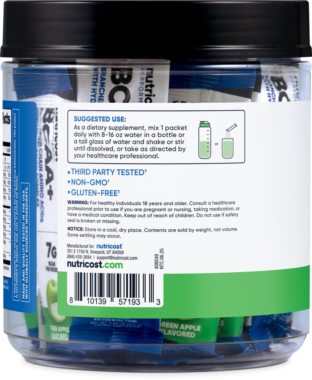 Box of 20 Nutricost BCAA+ Hydration Green Apple stickpacks