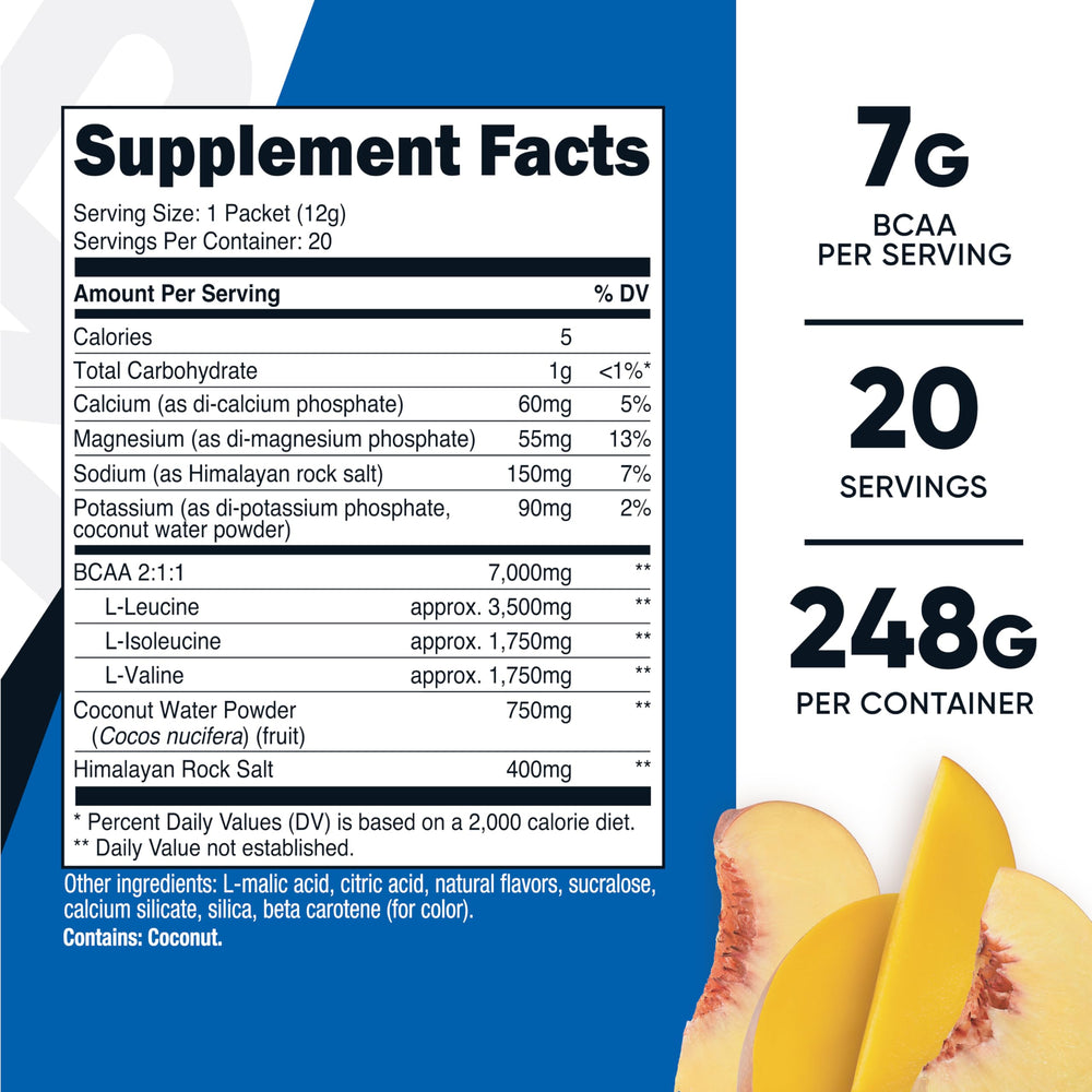 Nutricost BCAA+ Hydration Peach Mango label close-up