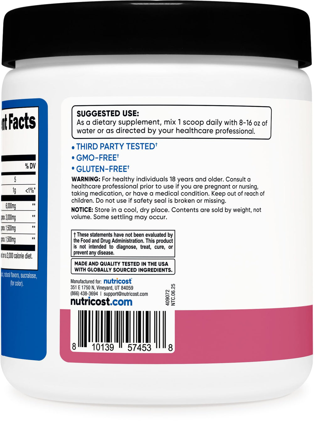 Gluten-free and vegetarian labels on BCAA powder packaging