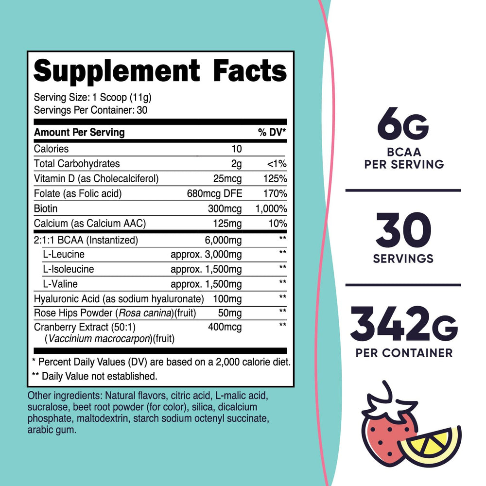Close-up of Nutricost BCAA for Women Strawberry Lemonade serving scoop
