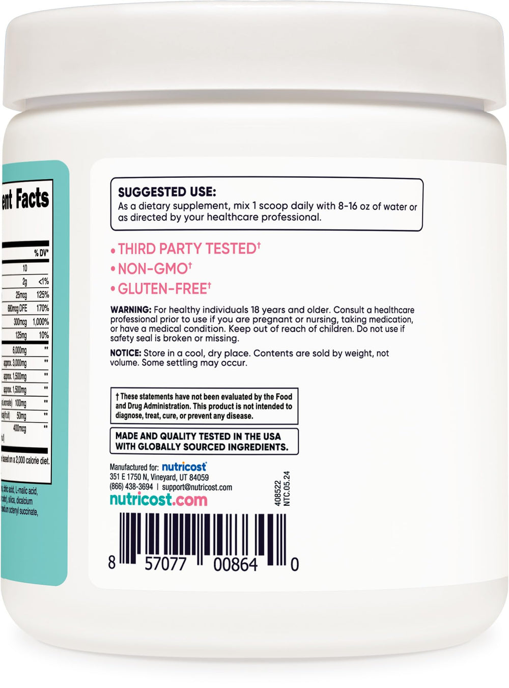 Nutrition panel of Nutricost BCAA for Women Strawberry Lemonade