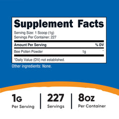 Nutricost Bee Pollen Powder 8 oz back label with ingredients